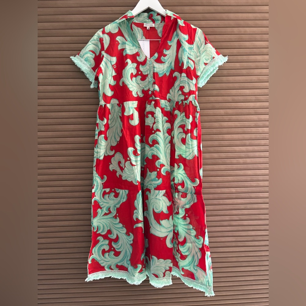 Modaposa Elegant Red and Green Swirl Dress
